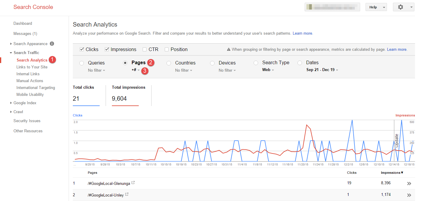 Google Search Console Search Analytics Page report on Google My Business Pages