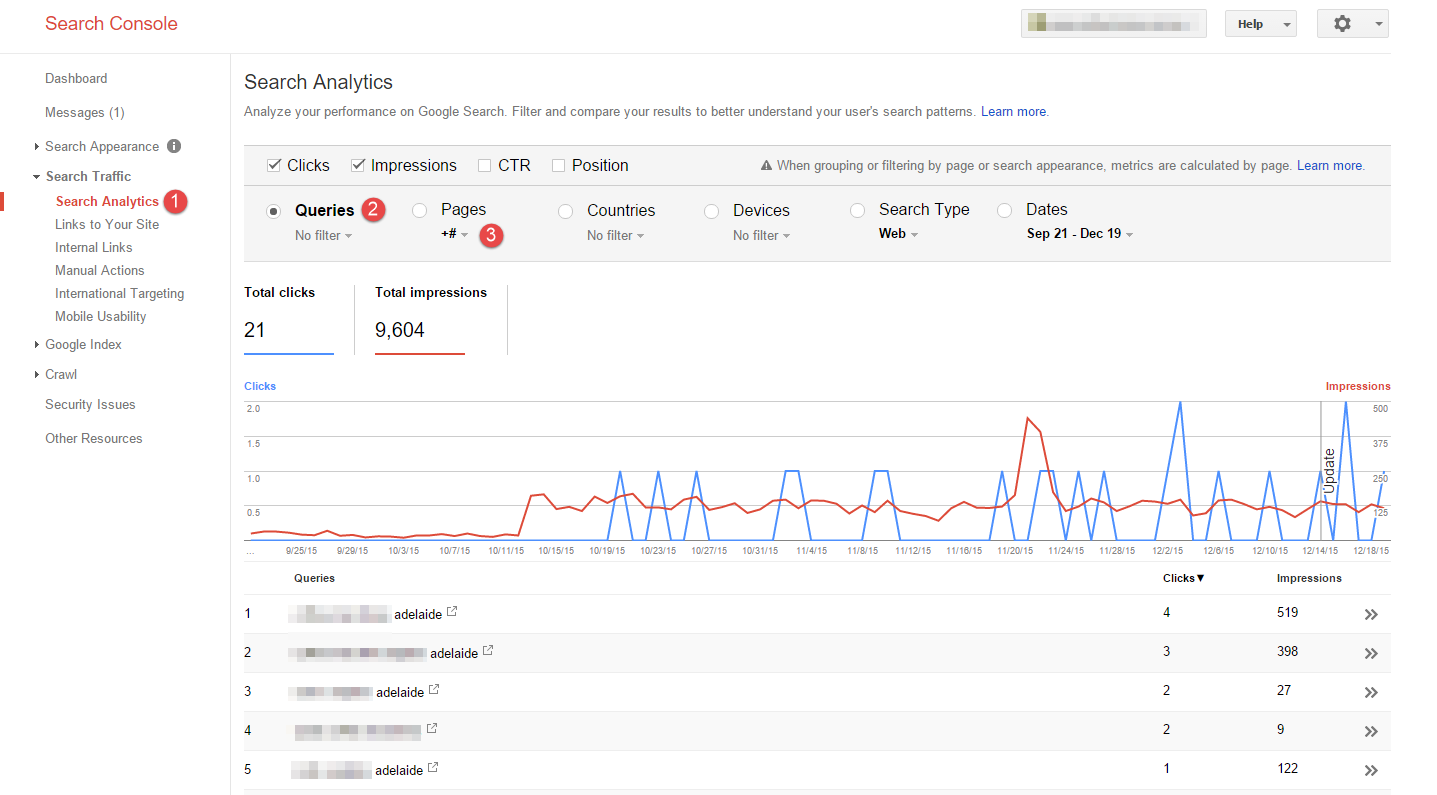 Google Search Console Search Analytics Queries report on Google My Business Pages