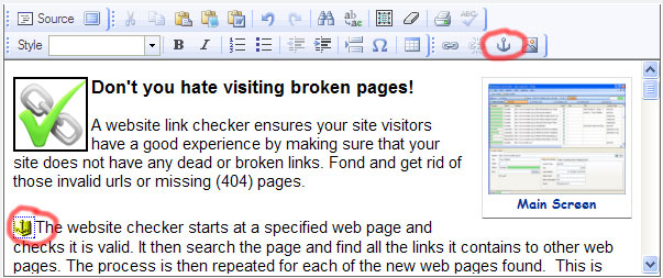 Html editor with the anchor button and an anchor highlighted