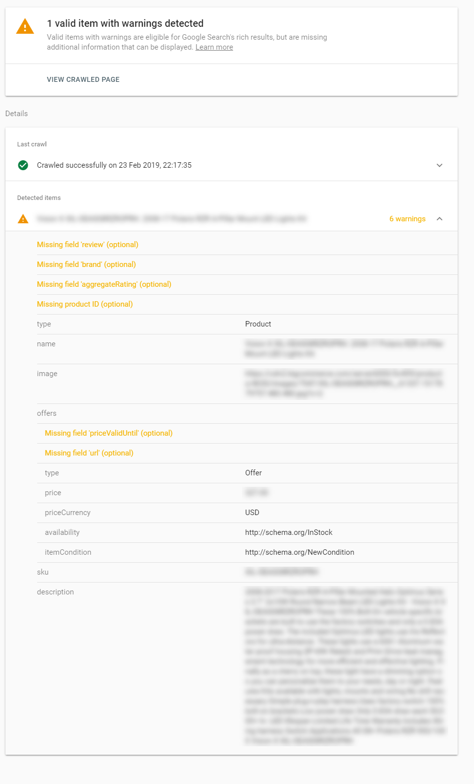 Google Search Consoles URL Inspection Tool showing the Products report